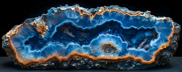 Obraz premium Blue agate geode, mineral detail, dark background, science