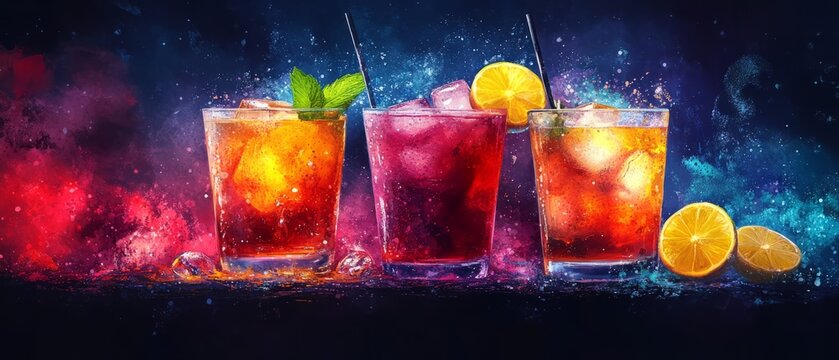 Vibrant Cocktails With Citrus Garnishes Against A Colorful Background, Perfect For Summer And Party Themes.
