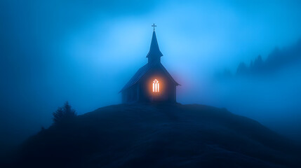 Fototapeta premium A chapel perched on a misty hill, with blue flames glowing softly inside and lighting up the foggy air around it.