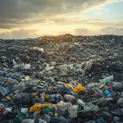 A vast expanse of discarded waste fills the landscape, reflecting the pressing issue of pollution