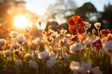 Sunlit meadow adorned with blooming wildflowers at golden hour. Generative AI
