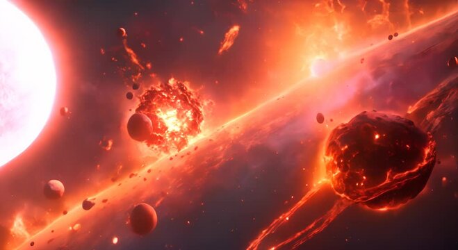 A fiery apocalypse in space destroys cosmic objects with planets shattering like glass stars exploding into brilliant supernovas and asteroid belts disintegrating into glowing dust 4K
