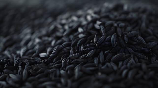 A close-up of black cumin seeds in a small pile, showing the deep black color and smooth texture.