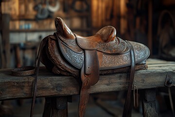 Antique Western Leather Saddle, Hand-Tooled Floral Design, Rustic Workshop Setting