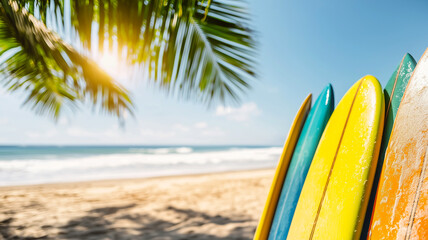 Colorful Surfboards Leaning Against a Palm Tree on a Sunny Beach With Crashing Waves in the Background During a Summer Day