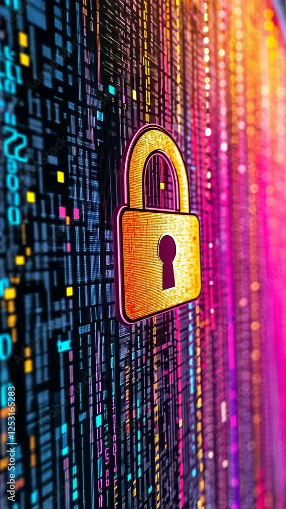 Poster digital security concept with a padlock symbol against a colorful binary background representing onl