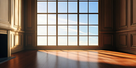 Bright room with large windows, wooden floor, and elegant paneling, creating warm and inviting atmosphere
