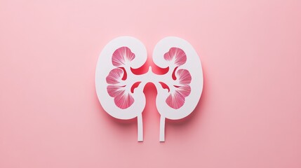 Paper cut-out in the shape of a human kidney, shiny white and red pink on a pink background.