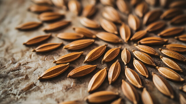 A close-up of cumin seeds arranged neatly on a textured, neutral surface, showcasing their unique shape and natural color.