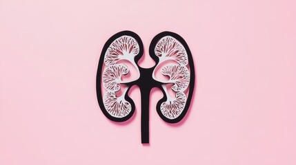 Paper cut-out in the shape of a human kidney, shiny white and red pink on a pink background.