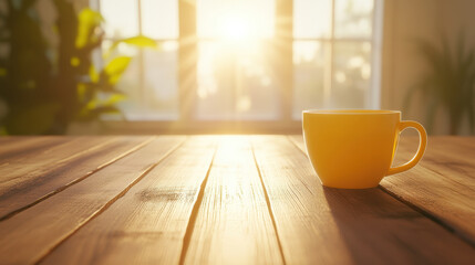 close up shot of yellow coffee cup on wooden table, illuminated by warm sunlight streaming through window, creating cozy atmosphere