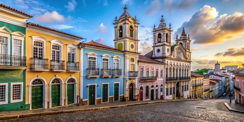 Ancient buildings with ornate details in the Historic district of Pelourinho in Salvador, Pelourinho historic district, Portuguese colonial era