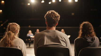 A Playwright Rehearsing a Scene with Actors in a Theater