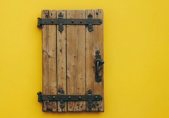 An old wooden barn door with an iron lock and decorative elements on a yellow background.