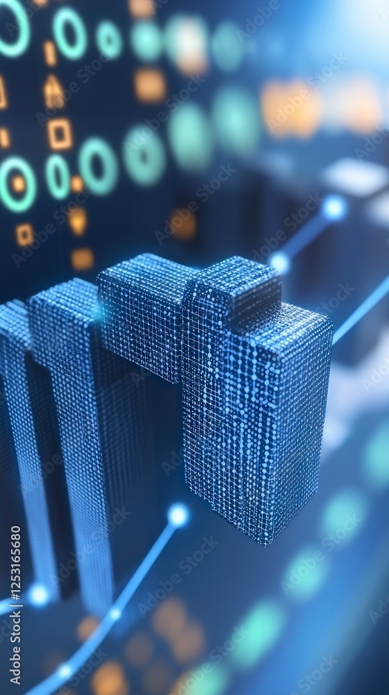 Poster abstract 3d digital data structure with blue pixelated cubes and growth chart