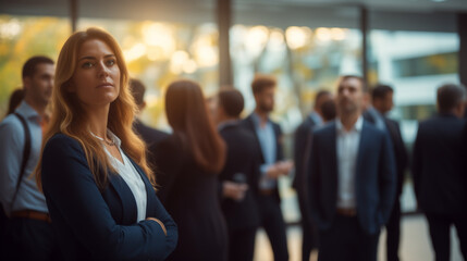 A woman in a business suit standing among conference participant