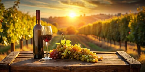 Sun-Drenched Vineyard: Wine Bottle and Ripe Grapes on Rustic Table