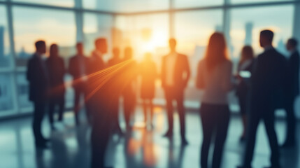 Silhouettes of people at a business meeting in an office illuminated by sunlight