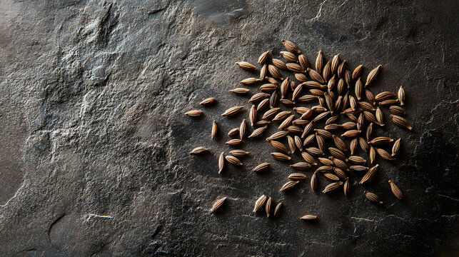 A close-up of cumin seeds arranged neatly on a textured, neutral surface, showcasing their unique shape and natural color.