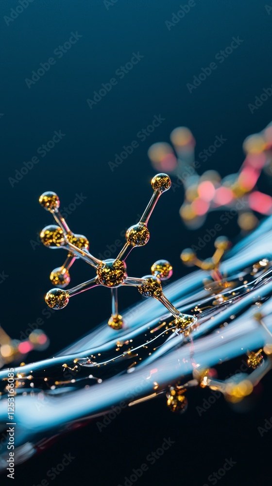 Poster abstract 3d rendering of a golden molecule in dark liquid