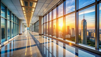 Obraz premium Sunlit Architectural Corridor: Modern Office Building with Panoramic Windows
