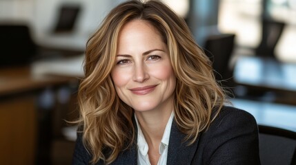 Obraz premium Confident Businesswoman Smiling, Professional Headshot Portrait in a Modern Office Setting