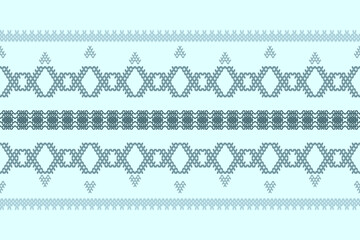 Ikat cross stitch geometric embroidery seamless knitted pattern on damask background. Perfect decorative design for sweater, fabric, decoration, illustration, ornament, texture, textile, interior
