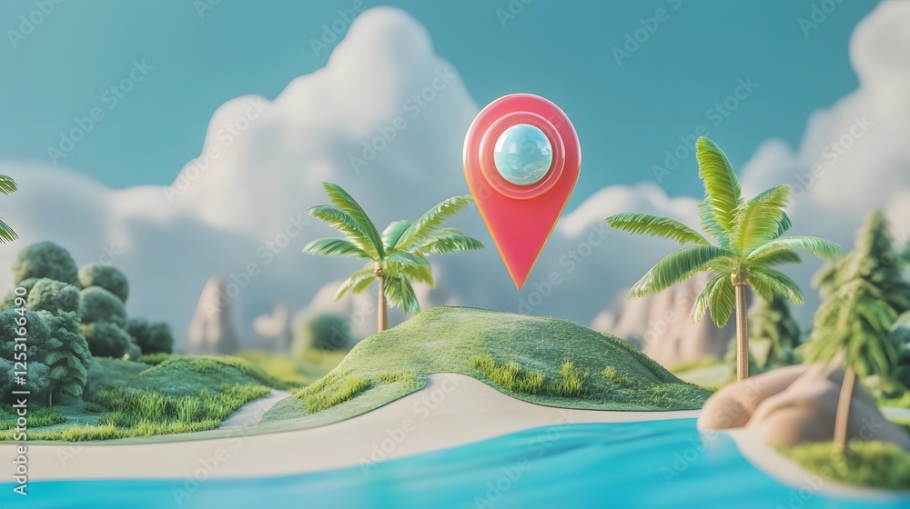 Aufkleber idyllic tropical island paradise with a bright red gps navigation pin marker hovering over the lush 