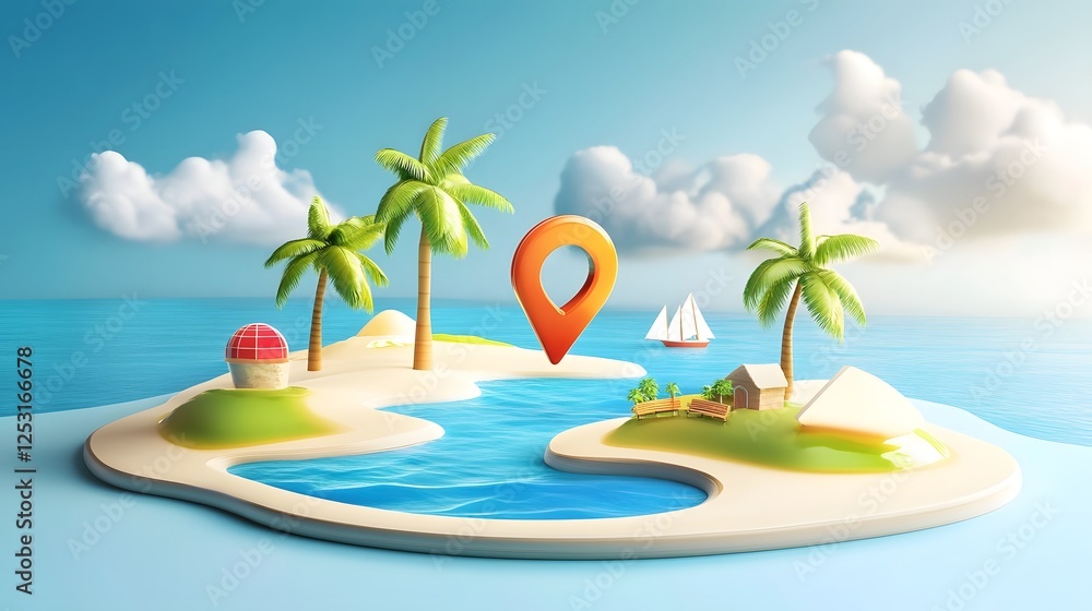Aufkleber idyllic tropical island paradise with palm trees azure ocean and a red navigation tag or marker indi