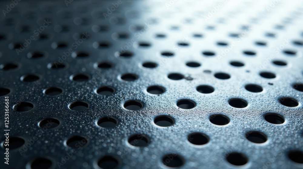 Poster Close-up view of a perforated metallic surface with a subtle sheen and a pattern of evenly spaced circular holes, showcasing a detailed texture of industrial design