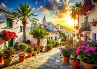 Naklejka premium Sunlit Mediterranean Village: Vibrant Coastal Town with Colorful Pots and Blooming Flowers