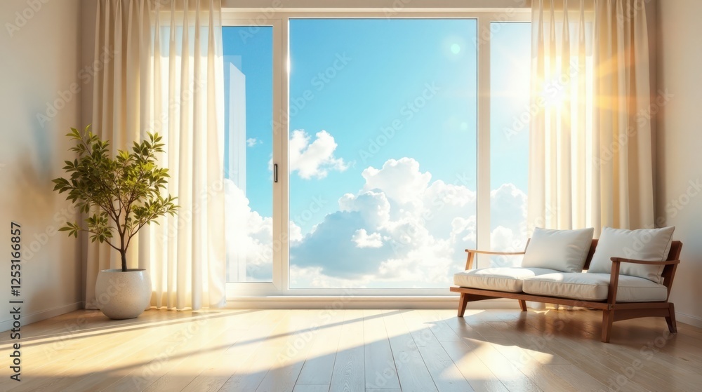 Poster Serene Sunlight Illuminates Minimalist Living Space with Expansive Window View and Comfortable Seating
