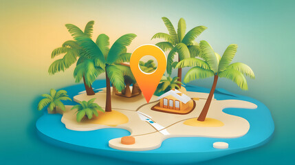 Obraz premium Idyllic tropical island scene with lush palm trees golden sandy beach and blue ocean waves A location pin icon marks the picturesque paradise destination on the map Vacation and travel concept