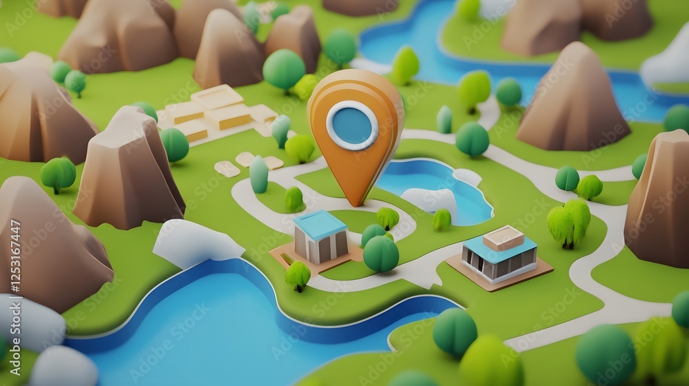 Poster illustrated 3d map rendering with location pin icon pointing to a scenic outdoor landscape featuring