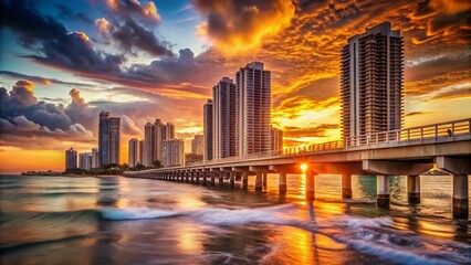 Obraz premium Sunny Isles Beach Sunset: Modern Architecture, Bridge, and Coastal Beauty