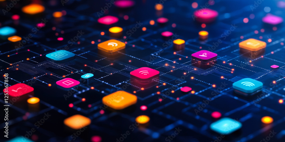 Poster innovative artificial intelligence interface with colorful digital icons on futuristic circuit desig