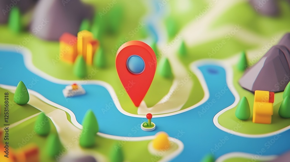 Fototapete illustrated map depicting a scenic natural landscape with a prominent red navigation pointer or mark