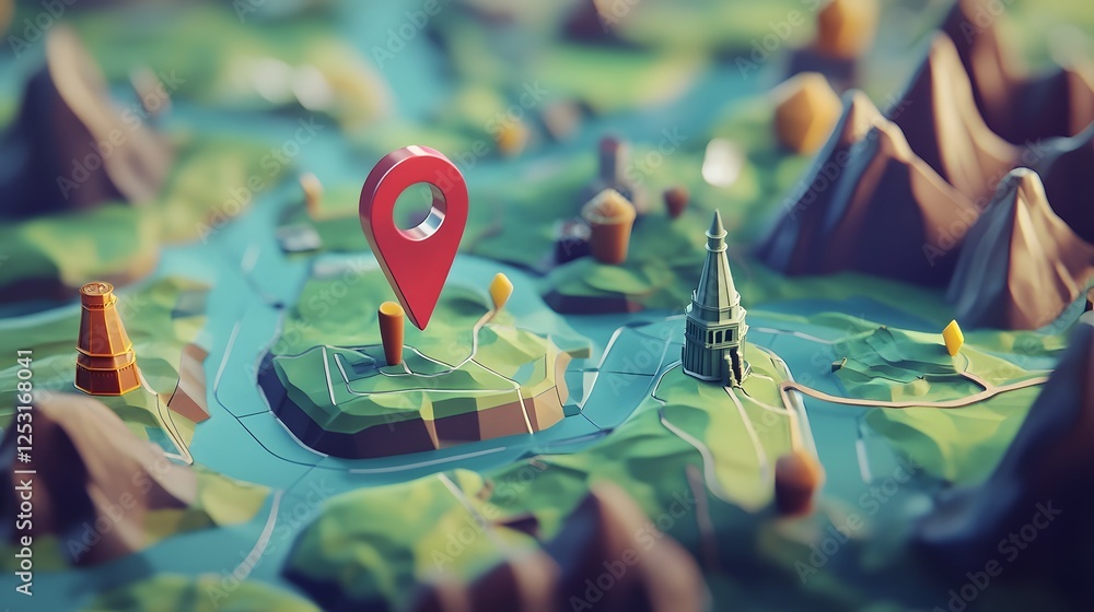 Poster Illustrated geographic map with red location pointer marker pinned on a mountainous terrain landscape representing travel destination