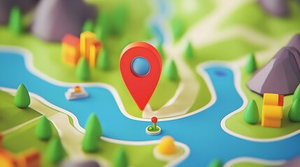 Illustrated map depicting a scenic natural landscape with a prominent red navigation pointer or marker highlighting a specific location or destination