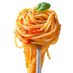 Draped spaghetti with tomato sauce on a fork isolated on a transparent background