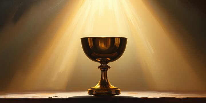 The holy chalice sits illuminated against a dark background, filled with wine, embodying spiritual unity and the sacred ritual of Christian Communion