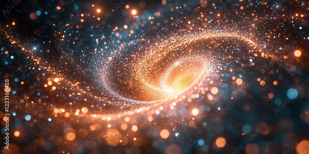 Poster sparkling swirl abstract background of blending particles and abstract universe with orange light