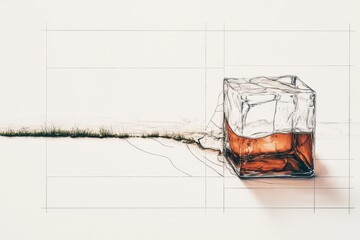 Sketch of Whiskey Cube Abstract Art, Minimalist Design, Brown Liquor, Ice Cube Glass, Drawing, Grid Lines, Grass, Landscape