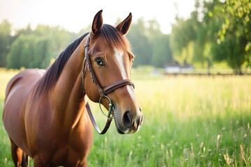 Obraz premium Majestic Brown Horse Stands Gracefully in Lush Green Field Under Golden Sunlight with Soft Bokeh in the Background of Nature