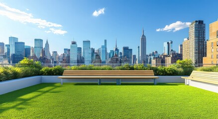 Obraz premium An urban rooftop garden with green grass, wooden benches and city skyline view in New York City.