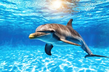 Obraz premium Graceful Dolphin Swimming Underwater in Crystal Clear Blue Water with Sunlight Reflections Creating a Stunning Aquatic Scene