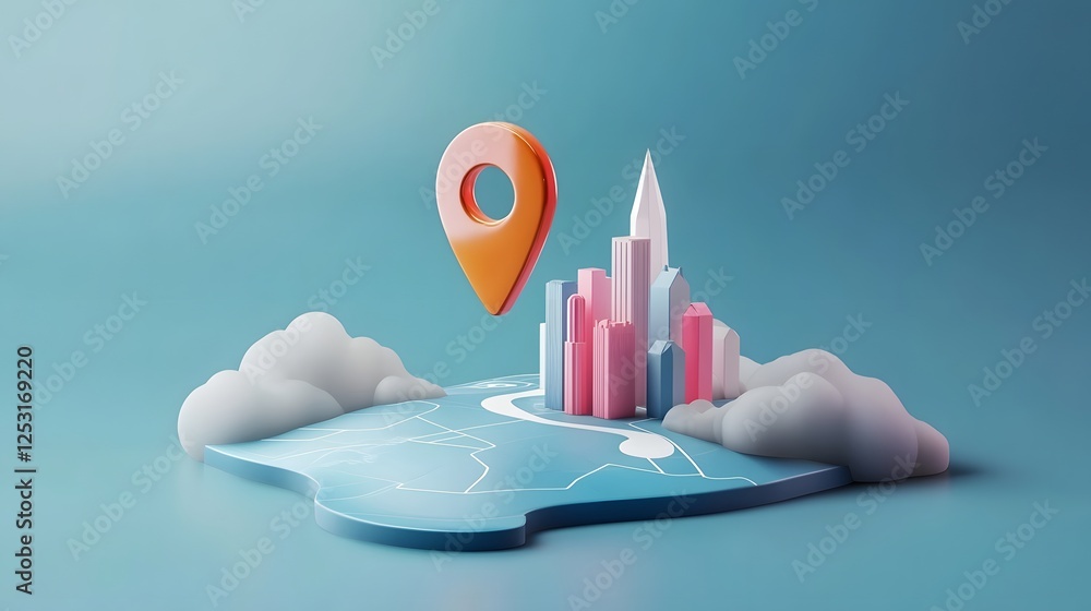 Aufkleber Innovative mobile application with a 3D digital of a modern cityscape and navigation pin  Representing the concept of technology navigation smart city planning and digital transformation