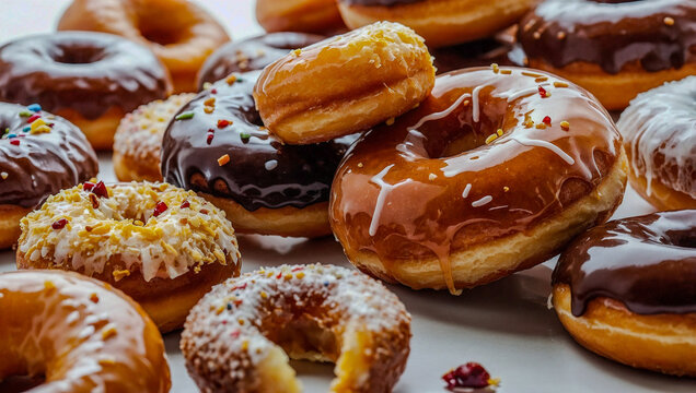 Fresh glazed donuts stacked, isolated on white.