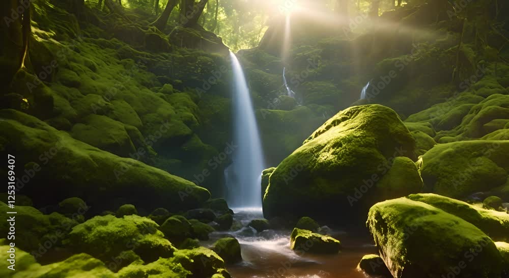 Aufkleber a beautiful waterfall in the forest cascading down moss blank covered rocks surrounded by tall ancie
