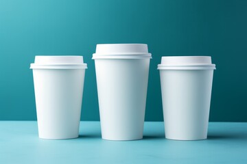 Stylish takeaway coffee cups lined up against a vibrant teal backdrop. Generative AI